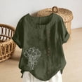 thumbnail image 1 of BRGZLK Cotton Linen Tops for Women Fashion Casual Floral Print Short Sleeve Round Neck Asymmetric Button Decoration Design T Shirt Tops Army Green XXXL, 1 of 5