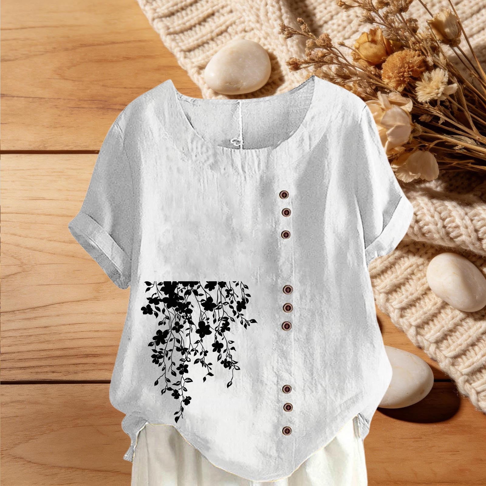BRGZLK Cotton Linen Tops for Women Fashion Casual Floral Print Short ...