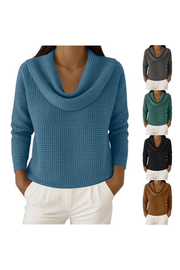 Cozy Sweatshirts For Women Knit Fall Winter Clothes Casual Loose Pullover Hoodie Waffle Cowl Neck Long Sleeve Tops