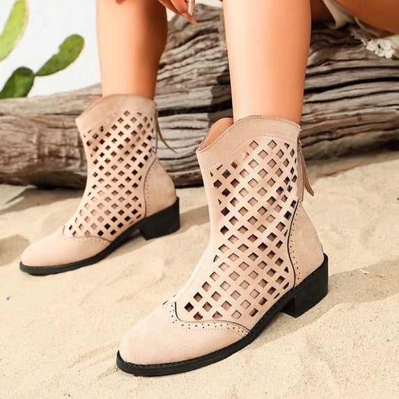 BRGZLK Cut Out Mid Calf Boots for Women Sweet Cool Lightweight Autumn Winter Chunky Heel Back Zipper Short Booties 2026 Casual Versatile Shoes Beige 43