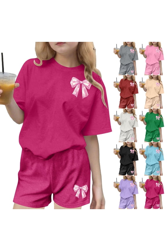 Cute Outfits For Girls 2 Piece Short Sleeved T-Shirt Shorts Casual Crewneck Shirt and Shorts Matching Two-Piece Set Sweatsuit Summer Clothes For 3-14 Years Old