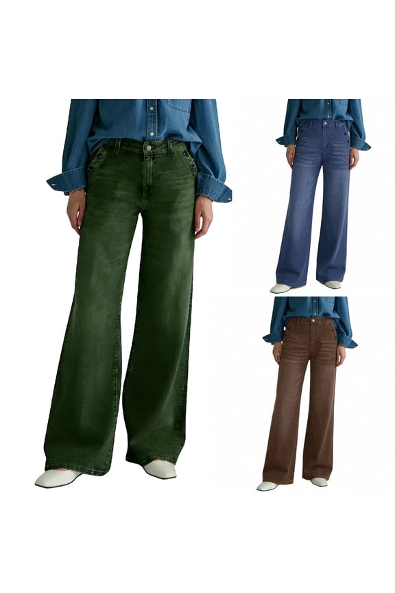 Denim Pants For Women Casual Loose Adjustable Waist Baggy Jeans with Snap-Button Waistband Wide Straight Leg High Rise Y2K Trousers