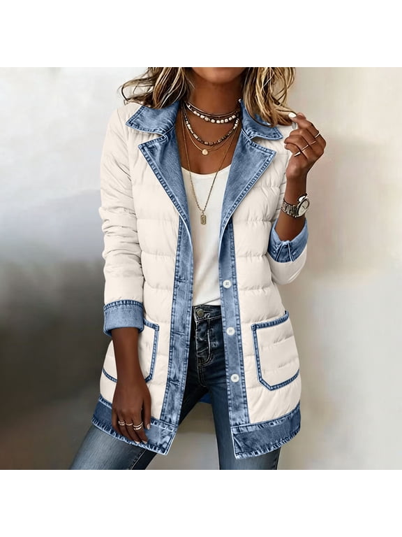 Denim Patchwork Puffer Jacket Womens Long Sleeve Quilted Lapel Collar Padded Winter Coats Trendy Button Front Jackets 2026 Outerwear with Pockets Beige M