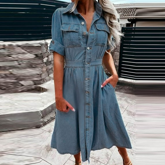 BRGZLK Denim Shirt Dress for Women Turn Down Collar Button Casual Button Ruched Slim Fit High Waist Denim Dress with Placket for Spring Summer 2026 Blue A L