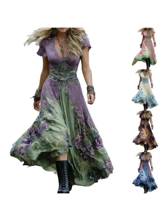 Dress For Women's V-Neck Short Sleeved Summer Elegant Casual Bohemian Print Flowing Long Dress