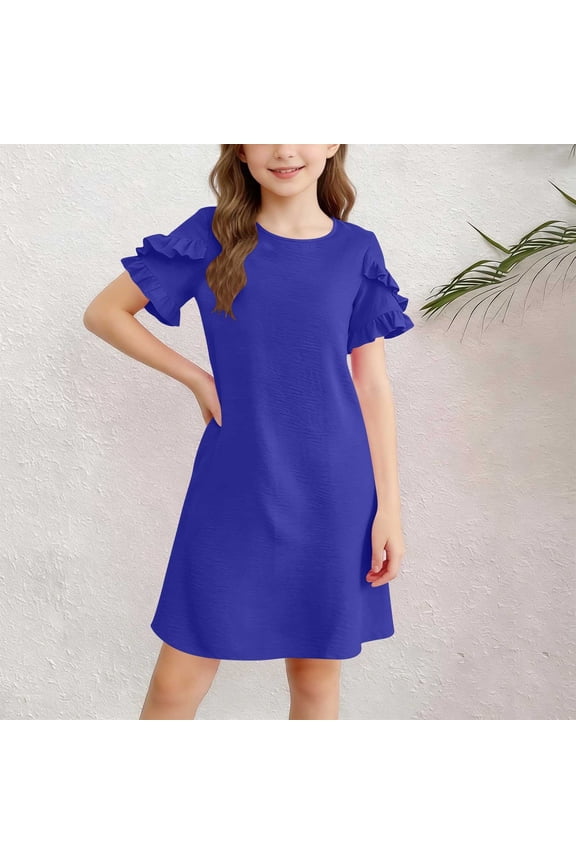 Dress For Girls, Frock,Solid Color, Summer Round Neck, Short Sleeved Lace Dress, Medium Size, Children With Pockets, Casual and Comfortable Dress