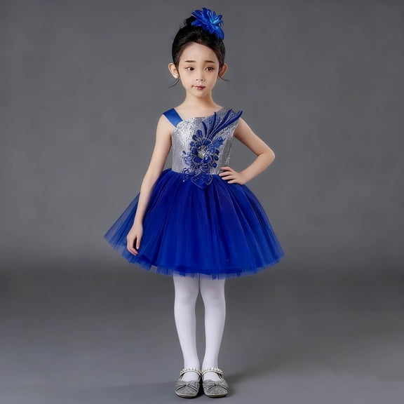 BRGZLK Dresses for Girls Peony Flower Sequin Puffy Skirt Sleeveless Round Neck Girl Mesh Straps Dress Performance Dress Blue 7-8 Years