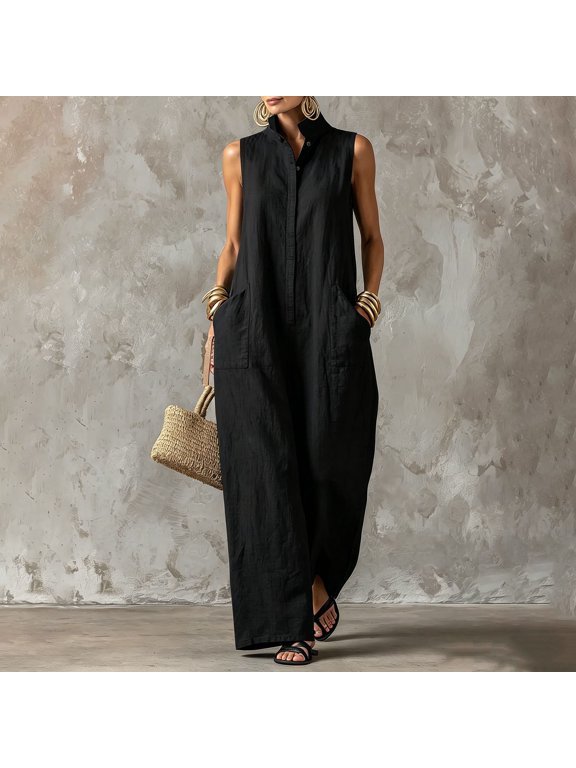 Elegant Jumpsuits for Women Casual Fashion Stand Collar Button Down Sleeveless Loose Wide Leg Rompers Lightweight Comfort Jumpsuit with Pockets Black M