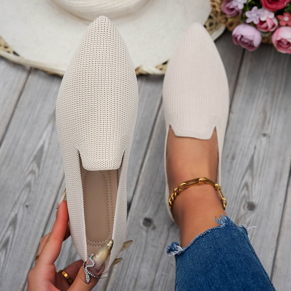 BRGZLK Eyelet Flats Shoes for Women Summer Pointed Toe Soft Sole Lightweight Breathable Slip On Knit Ballet Flats for Dressy Casual Office Work Walking Beige 8.5