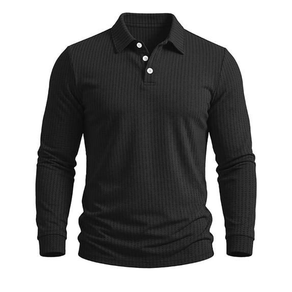 BRGZLK Fahion Waffle Shirts for Men Fall Winter Solid Color Turn-Down Collar Button-Down Breathable Dress Shirt Long Sleeve Soft Comfortable T-Shirts Black S