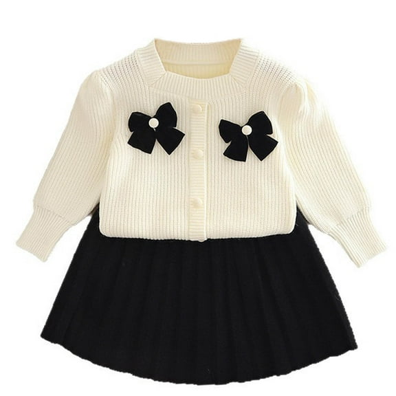 BRGZLK Fall Winter Girl Knitting Sweater Set Girls Long Sleeve Round Neck Cute Bowknot Button Cardigan Top and Half Skirt Two Pieces Set Beige 3-4 Years