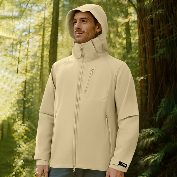 BRGZLK Fall Winter Jacket for Men Trendy Solid Color Lightweight Windproof Waterproof Full-Zip Drawstring Warm Outdoor Hooded Raincoat with Pockets Beige XXXL