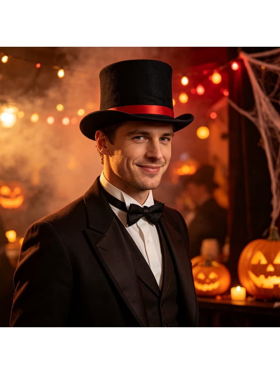Felt Top Hat Magician Hat Adults Lightweight Comfortable Costume Accessory with Elegant Black Ribbon Ringmaster Hat for Halloween Christmas Dress Up Red Free Size