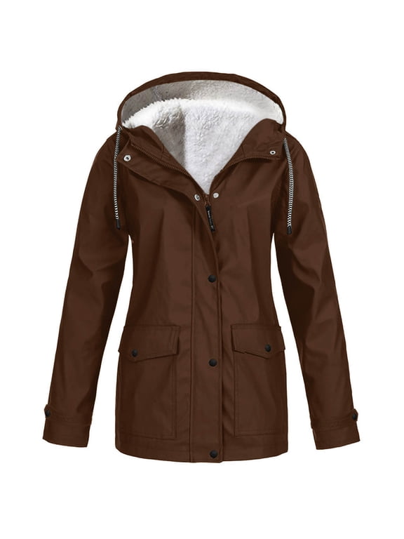 Fleece Lined Windproof Jacket Women Solid Color Plus Size Winter Warm Hooded Raincoats Outdoor Waterproof Rain Jackets with Pockets Brown 5XL