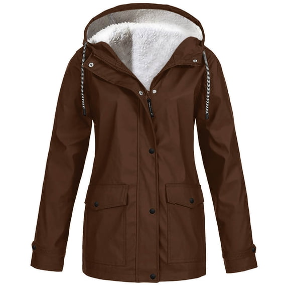 BRGZLK Fleece Lined Windproof Jacket Women Solid Color Plus Size Winter Warm Hooded Raincoats Outdoor Waterproof Rain Jackets with Pockets Brown XL