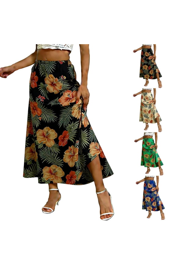 Floral Maxi Skirt For Women A Line Elastic High Waisted Flowy Long Skirt Summer Boho Vacation Beach Half Skirt
