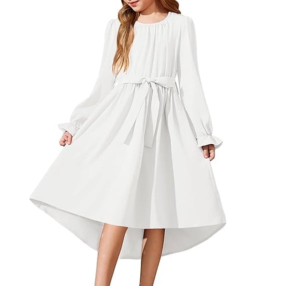 BRGZLK Flower Girl Dress Birthday Party Sundress Long Sleeve Round Neck Twirly Casual High Low Flowy Swing Formal Dresses with Belt Going Out Outfits White 4-5 Years