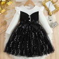 thumbnail image 1 of BRGZLK Flower Girl Tulle Dress Fashion Cute Solid Color Long Sleeve Bow Sequin Netting Ruffle Elegant Princess with Waist Belt Holiday Party Clothes Black 5-6 Years, 1 of 5