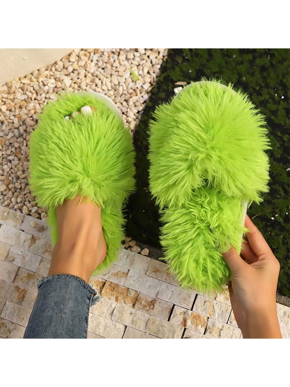 Fluffy Slippers for Women Autumn Winter Cute Solid Color Open Toe Warm Indoor Outdoor Slipper Soft Cozy No Slip Bedroom Home Shoes Green 7.5-7.5