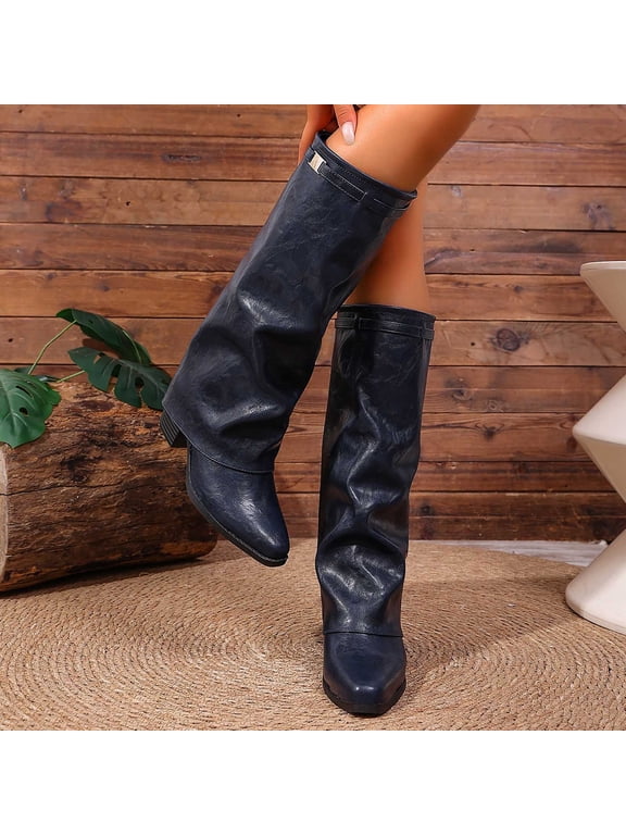 Fold Over Boots for Women 2026 Trendy Knee High Boots Solid Color Pointed Toe Side Zipper Low Chunky Heel Soft PU Leather Retro Vintage Slouchy Tall Boot for Daily Navy 38