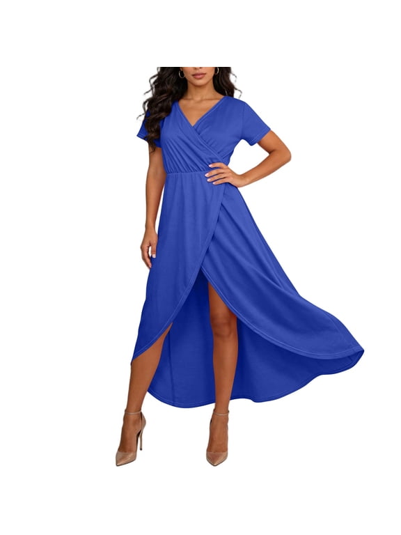 Formal Dresses for Women Solid Color Crisscross Design Elegant Wrap High Low Split Elastic Waist Flowy Short Sleeve V-Neck Dresses Wedding Guest Dress Blue 3XL