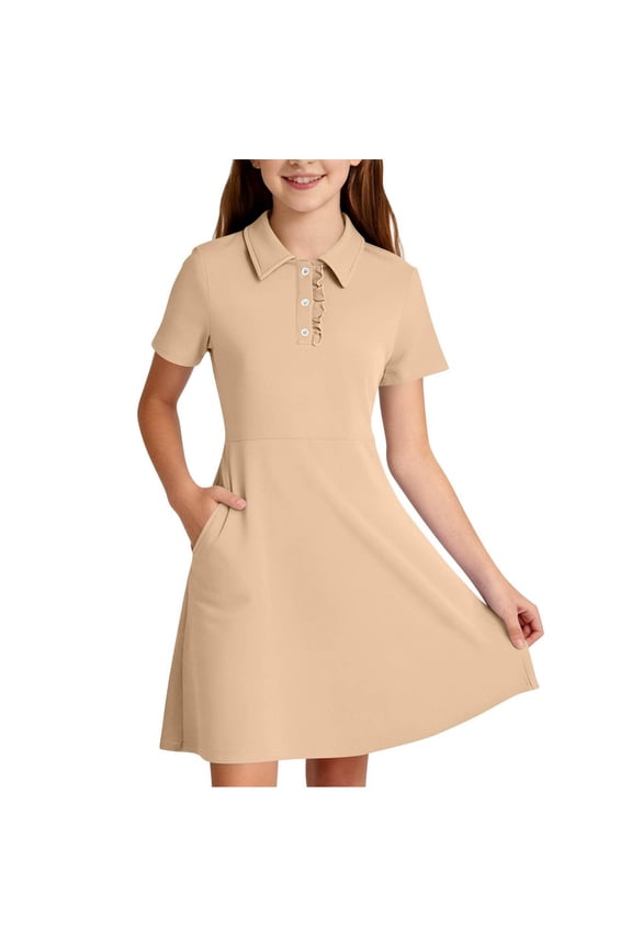 Frock Girls' Dress Back To School Season Solid Color Short Sleeve Collar Dress Lace Button Pocket Dress Short Sleeve Collar Dress