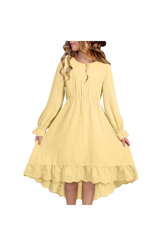 Frock Girls' Dress in Summer, Solid Color Imitation Cotton and Linen Hem, Lace Casual Cute Long Sleeved Round Neck Long Skirt