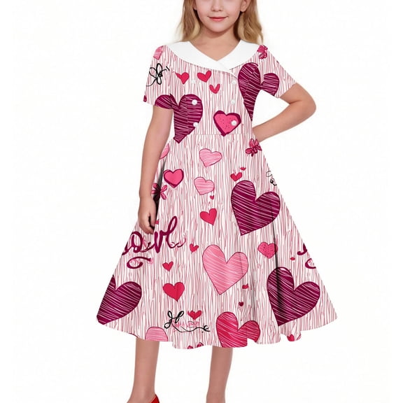 BRGZLK Girl Dresses Hepburn Style Valentine Day Print Short Sleeve Turn Down Collar Dress Trendy Comfy Dance Skirt Light Blue 7-8 Years
