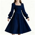 thumbnail image 1 of BRGZLK Girl Flowy Long Sleeve Dresses Spring Autumn Solid Color French High End Sense Square Neck Waist Tucking Medium Long Dress Navy 12-13 Years, 1 of 5