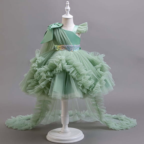 BRGZLK Girl Princess Dress Fashion Cute Sleeveless Round Neck Birthday Banquet Performance Gown Mesh Kid Gown Dress Green 5-6 Years
