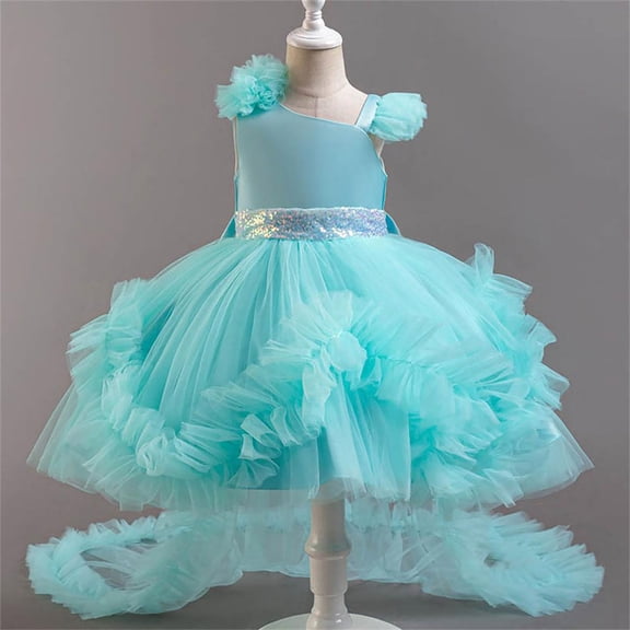 BRGZLK Girl Princess Dress Fashion Cute Sleeveless Round Neck Birthday Banquet Performance Gown Mesh Kid Gown Dress Green A 5-6 Years