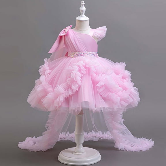 BRGZLK Girl Princess Dress Fashion Cute Sleeveless Round Neck Birthday Banquet Performance Gown Mesh Kid Gown Dress Pink 2-3 Years