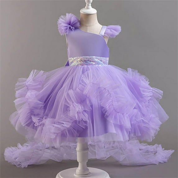 BRGZLK Girl Princess Dress Fashion Cute Sleeveless Round Neck Birthday Banquet Performance Gown Mesh Kid Gown Dress Purple 5-6 Years
