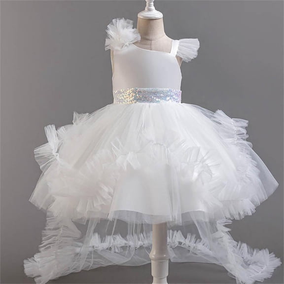 BRGZLK Girl Princess Dress Fashion Cute Sleeveless Round Neck Birthday Banquet Performance Gown Mesh Kid Gown Dress White A 5-6 Years