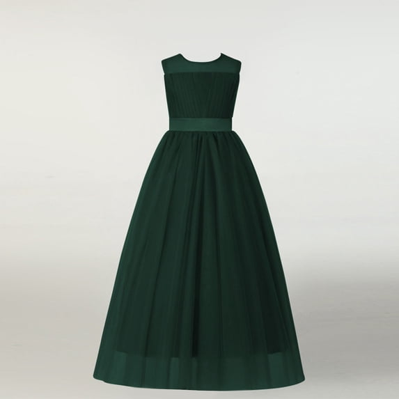 BRGZLK Girl Princess Dress Solid Color Sleeveless Birthday Banquet Performance Dress Mesh Fashion Elegant Gown Dress Army Green 12-13 Years
