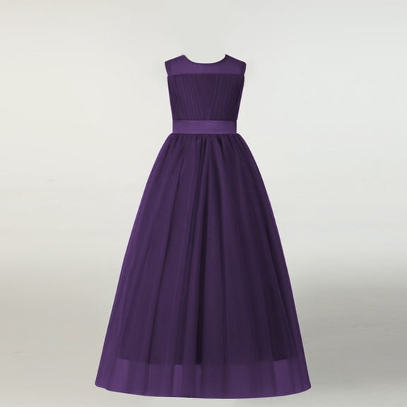 BRGZLK Girl Princess Dress Solid Color Sleeveless Birthday Banquet Performance Dress Mesh Fashion Elegant Gown Dress Dark Blue 8-9 Years