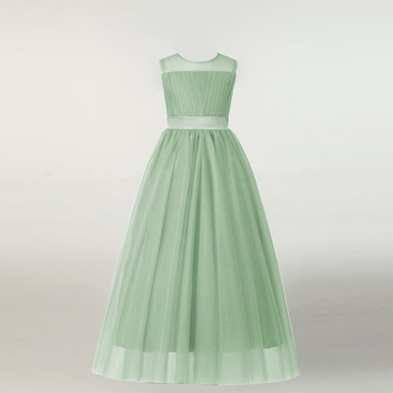 BRGZLK Girl Princess Dress Solid Color Sleeveless Birthday Banquet Performance Dress Mesh Fashion Elegant Gown Dress Green 6-7 Years