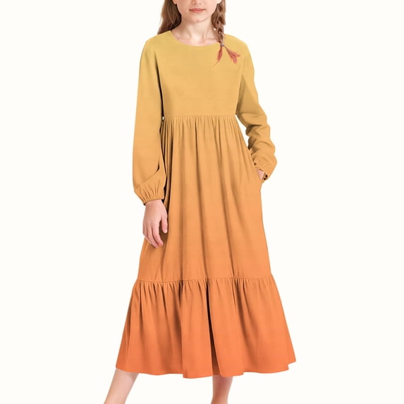 BRGZLK Girl Solid Color Gradient Maxi Dresses Long Sleeve Crew Neck Casual Dress Long Dress Casual Holiday Dress with Pockets Yellow 10-11 Years