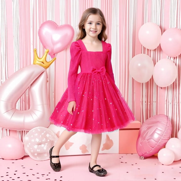 BRGZLK Girl Tulle Dresses Solid Color Long Sleeve Square Neck Dress Star Pattern Mesh Patchwork with Bow Princess Dress Casual Knee-Length Dress Dress Hot Pink 8-9 Years