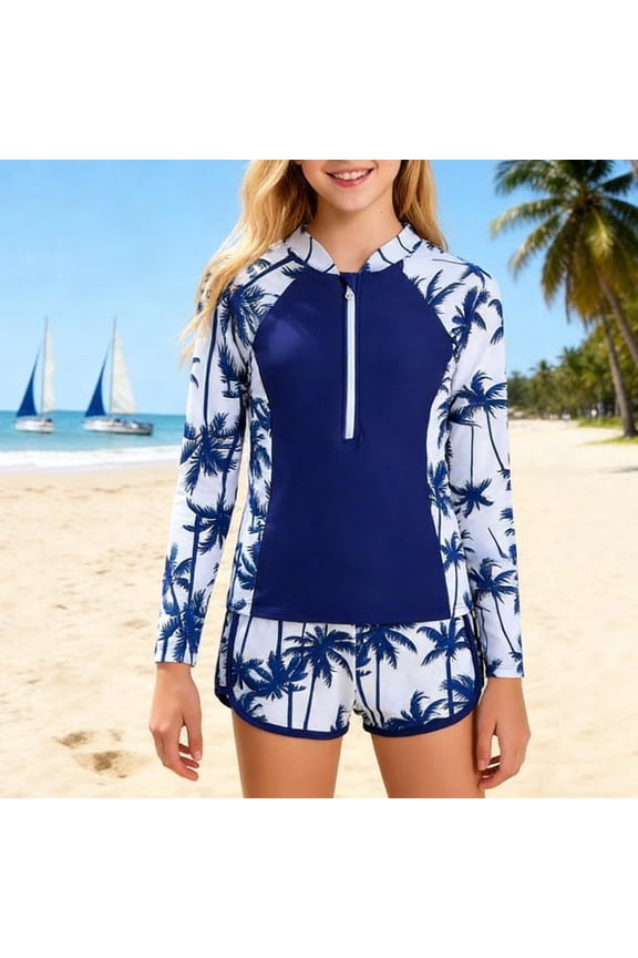 Girl's 2 Piece Bathing Suit Rash Guard Long Sleeve Trendy Tropical Print Quick Dry Surf Diving Suit Swimsuit Set UPF 50+ Sun Protection Swim Shirt for Summer 2026 B 10-11 Years