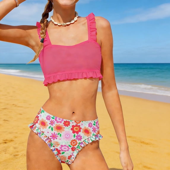 BRGZLK Girl's 2 Piece Bikini Bathing Swimsuit Summer Wide Straps Ruffled Hem Small Floral Print Cute Fahion Beach Two-Piece Swimsuit Set for Kids Hot Pink 8-9 Years