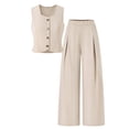 thumbnail image 1 of BRGZLK Girl's 2 Piece Set Summer Solid Color Fashion V-Neck Camisole Button-Down Waist-Cinching Design Vest High Waist Pleated Loose Long Pants Two-Piece Set Kids Streetwear Beige 12-13 Years, 1 of 4