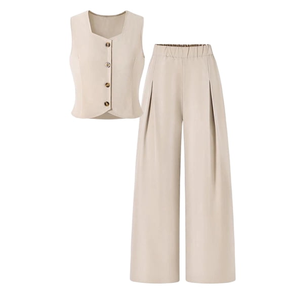 BRGZLK Girl's 2 Piece Set Summer Solid Color Fashion V-Neck Camisole Button-Down Waist-Cinching Design Vest High Waist Pleated Loose Long Pants Two-Piece Set Kids Streetwear Beige 12-13 Years