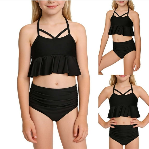 BRGZLK Girl's 2 Piece Tankini Swimsuit Summer Fashion Solid Color Textured Twist Front Ruched Ruffle High Waist Shorts Beach Bikini Bathing Suits for Teen Girls Black A 7-8 Years