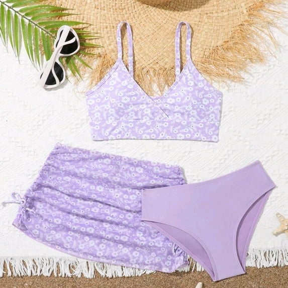 BRGZLK Girl's 3 Piece Bikini Set 2026 Trendy Floral Print Halter Top and Drawstring Beach Skirt with Swimsuit Bottoms Cute Ruched Bathing Suit Three-Piece Swimsuit Set Purple 6-8 Years
