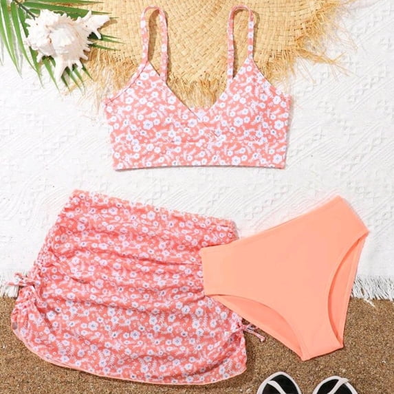 BRGZLK Girl's 3 Piece Bikini Set 2026 Trendy Floral Print Halter Top and Drawstring Beach Skirt with Swimsuit Bottoms Cute Ruched Bathing Suit Three-Piece Swimsuit Set Orange 11-12 Years