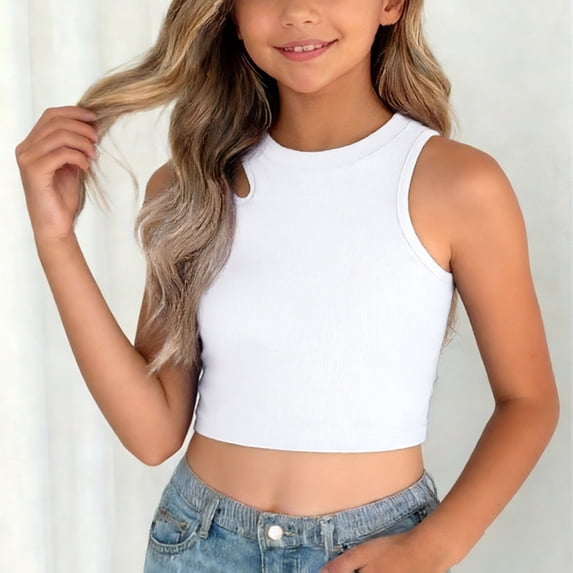 BRGZLK Girl's Crewneck Tank Tops Spring Summer Solid Color Sleeveless Asymmetric Off-Shoulder Sport Camisole Rib Knit Comfortable Breathable Halter Crop Tops for Kids Girls White 5-6 Years