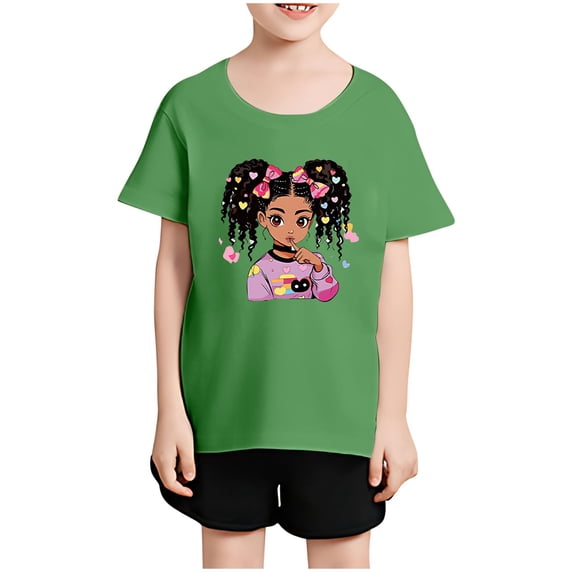 BRGZLK Girl's Graphic Print T Shirts Fashion Summer Cute Cartoon Print Casual Short Sleeve Round Neck Casual Cozy Top for Kids Green 12-13 Years