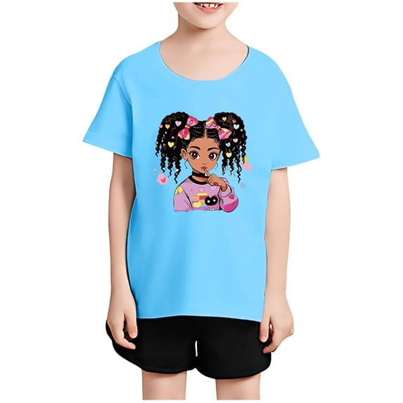 BRGZLK Girl's Graphic Print T Shirts Fashion Summer Cute Cartoon Print Casual Short Sleeve Round Neck Casual Cozy Top for Kids Sky Blue 12-13 Years