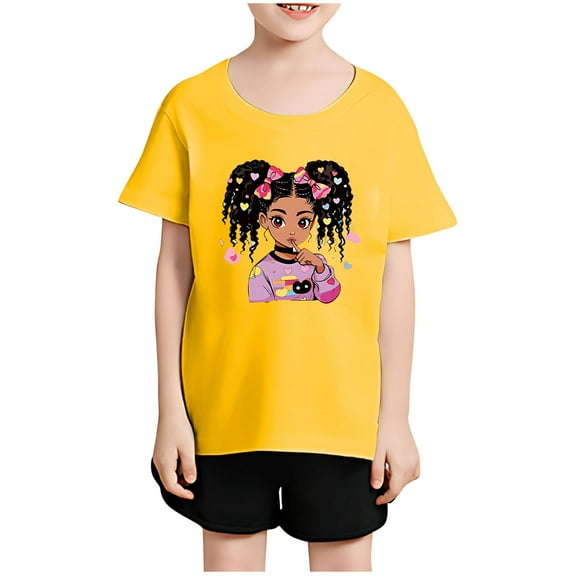 BRGZLK Girl's Graphic Print T Shirts Fashion Summer Cute Cartoon Print Casual Short Sleeve Round Neck Casual Cozy Top for Kids Yellow 12-13 Years